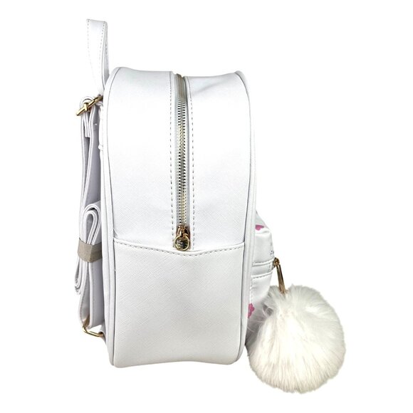 Under One Sky Decorative White Backpack Cute Cat & Flower Print Pom Pom Accent - Picture 4 of 11
